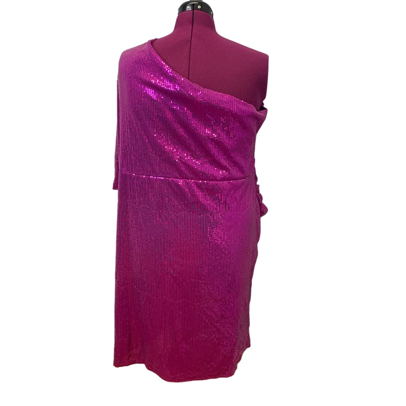 XPlus Wear Plus Size 5X One Shoulder Pink Sequin Swooping Long Sleeve Dress