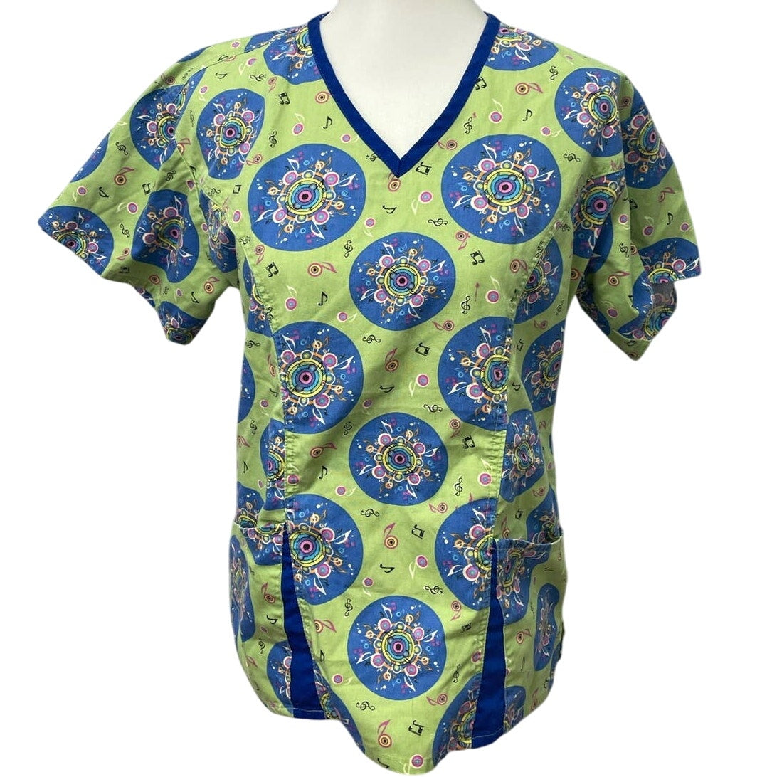Med + Wear Womens Medium Cotton Blend V-Neck Music Note Short Sleeve Scrub Top