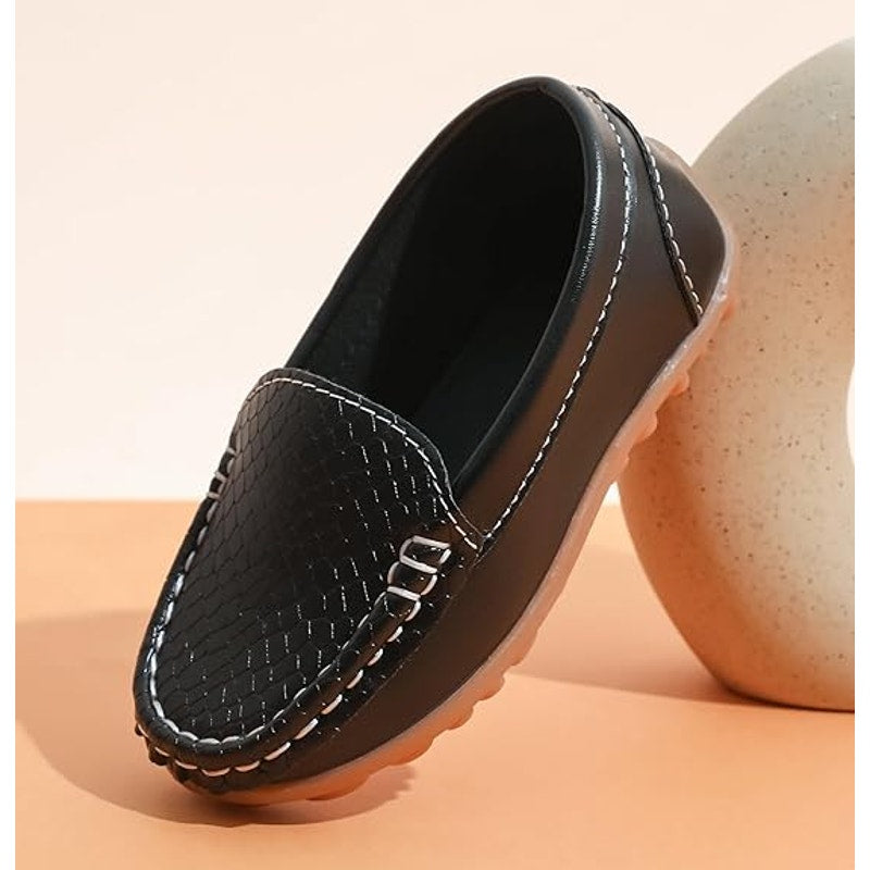 Lonsoen Boys Size 2 Black Faux Leather Slide On Loafer Moccasin Dress Shoes