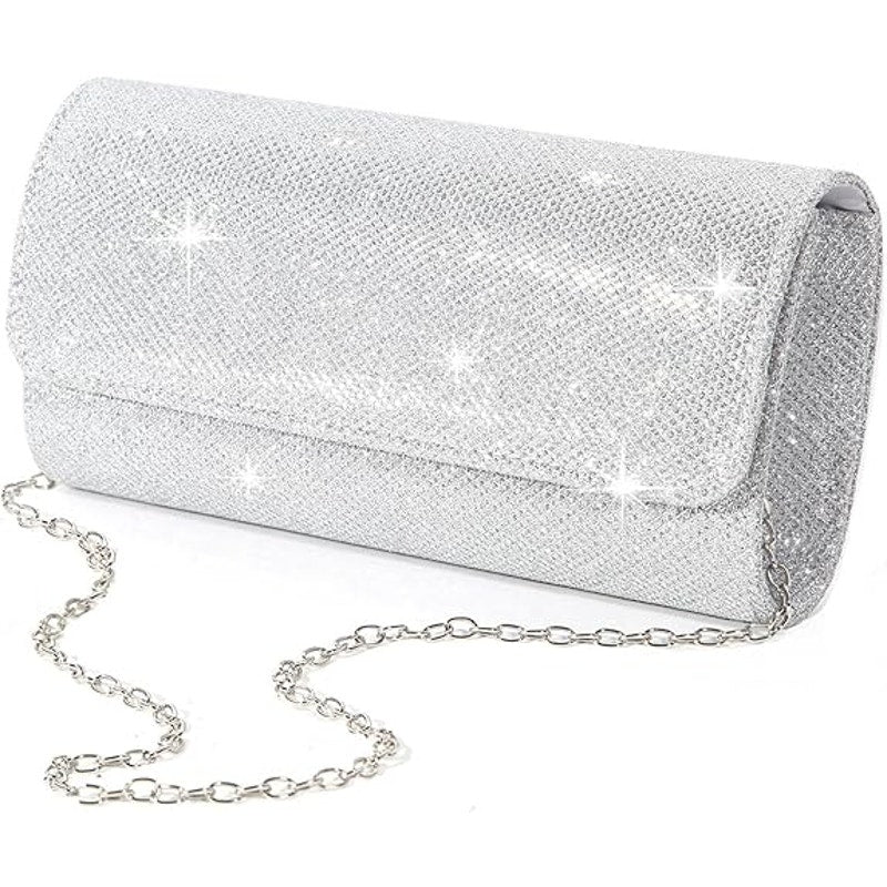 IovyoCoCo Womens Silver Glitter Magnetic Closure Chain Strap Handbag Clutch