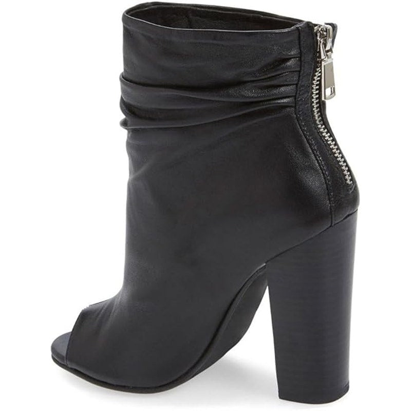 FSJ Womens Size 8 Black 4" Chunky Heel Ankle Boots Round Peep Toe Back Zip Shoes