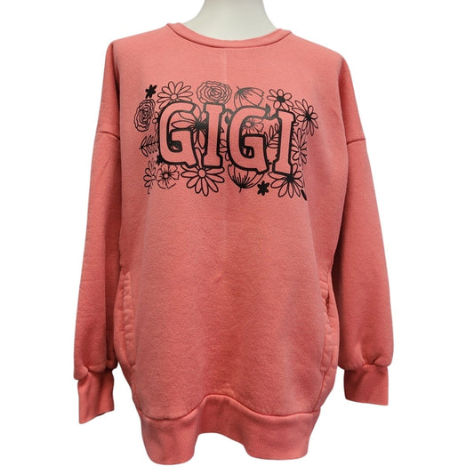 Hand Printed Upcycled Womens Large Gigi Grandma Floral Sweatshirt w Pockets