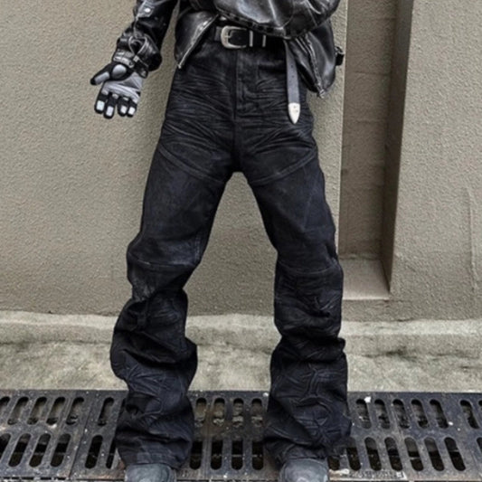 American-style Raw-edge Slim-fit Pleated Slightly Flared Denim Jeans