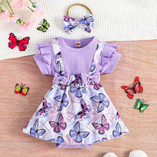 Little Girl Butterfly Print Dress Romper Skirt Scarf Two-piece Set