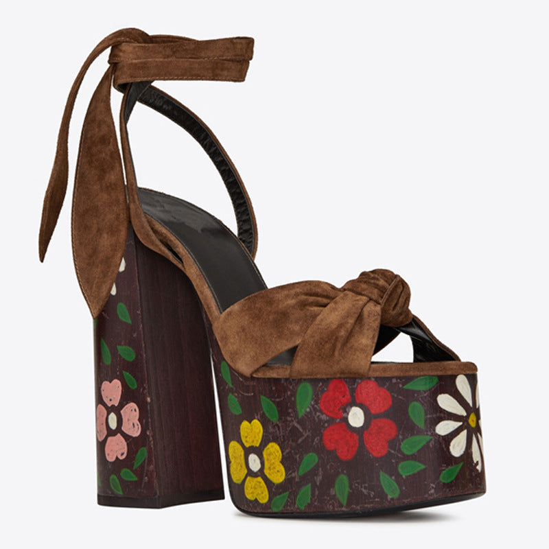 Colorblock Plus Size Catwalk Sandals Bow Love Chunky Heels