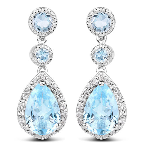 9.46 Carat Genuine Blue Topaz & White Topaz .925 Sterling Silver Earrings