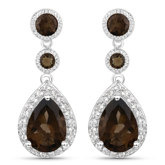 7.34 Carat Genuine Smoky Quartz and White Topaz .925 Sterling Silver Earrings