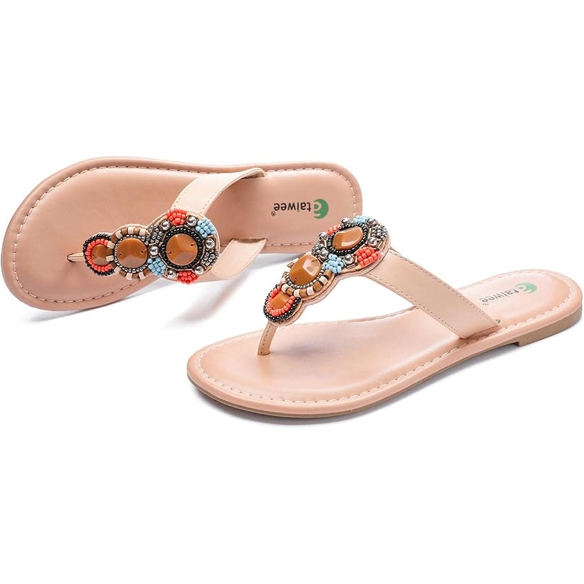 Ataiwee Womens Size 7.5 Brown Beaded Thong Flat Slide On Open Toe Sandals Shoes