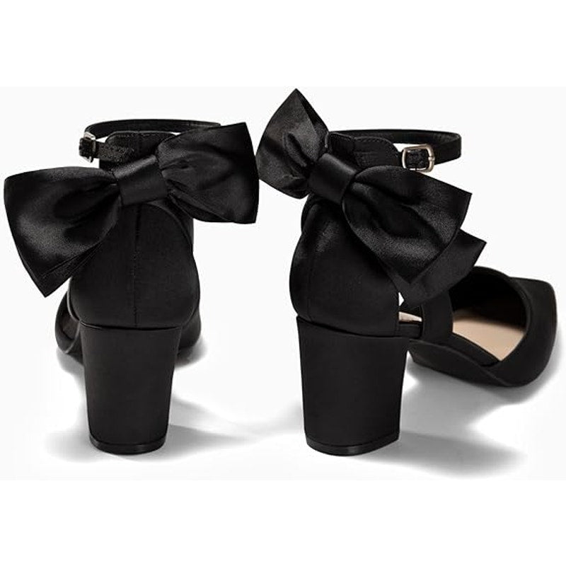 Coutgo Womens 8 Black 2.5" Chunky Heel Pointed Toe Ankle Strap Back Bow Shoes