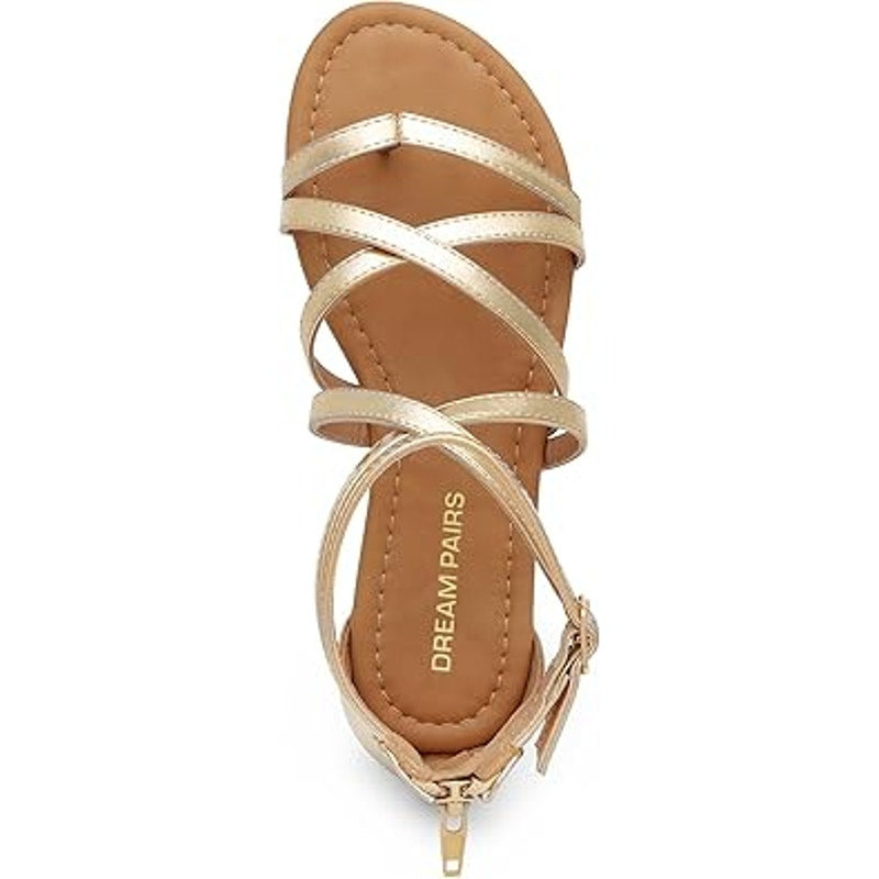 Dream Pairs Womens 10 Shiny Gold Open Toe Ankle Strap Gladiator Flat Sandals
