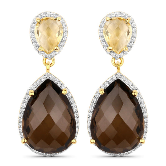 21.12 Carat Genuine Smoky Quartz, Citrine and White Topaz .925 Sterling Silver Earrings