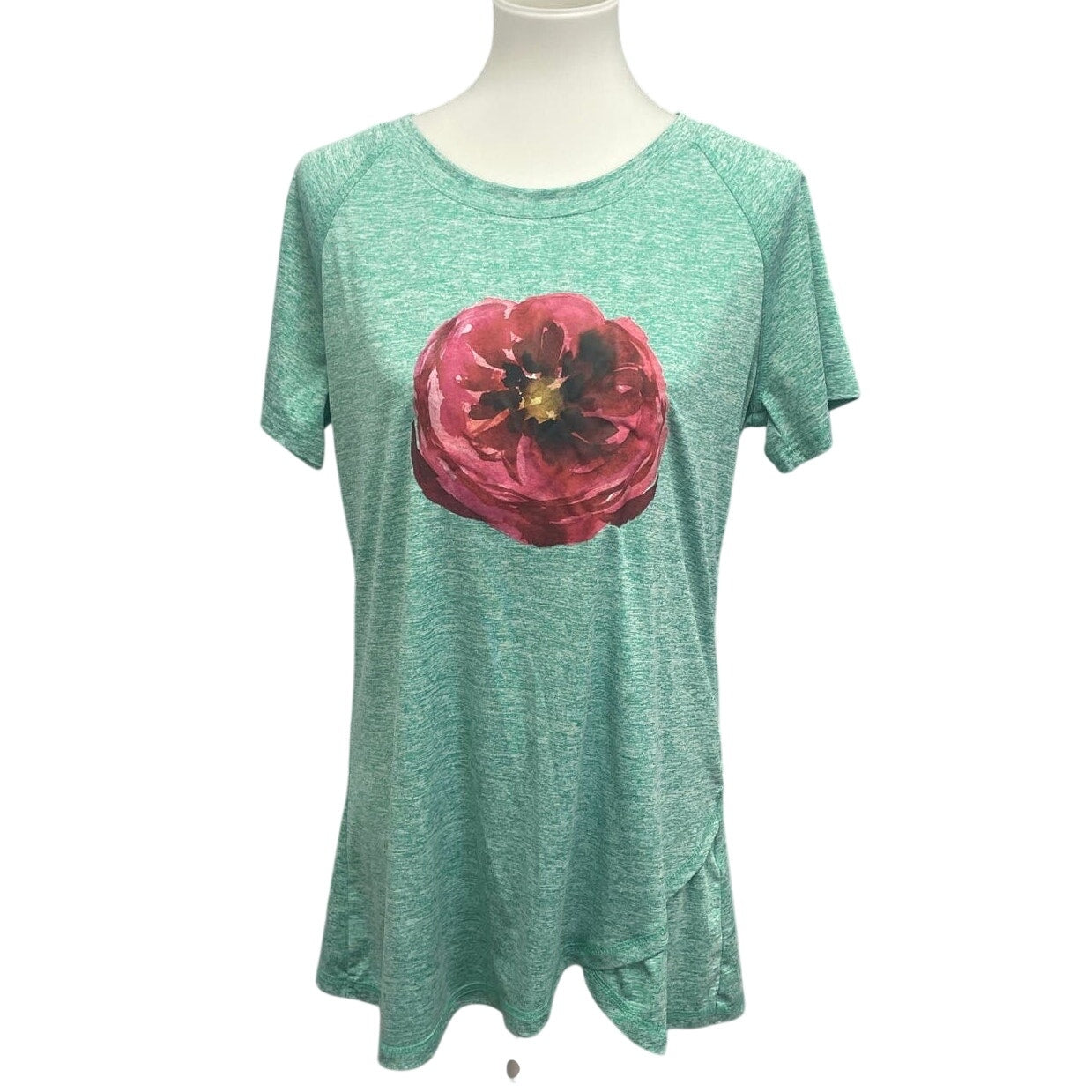 Hand Printed Upcycled XL Watercolor Peony Flower Polyester Blend Crew Neck Tee