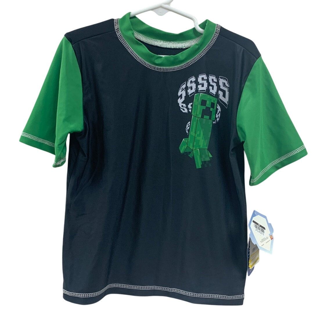 NWT New Minecraft Creeper Boys XS PolySpandex UPF 50+ Short Sleeve Swim Shirt
