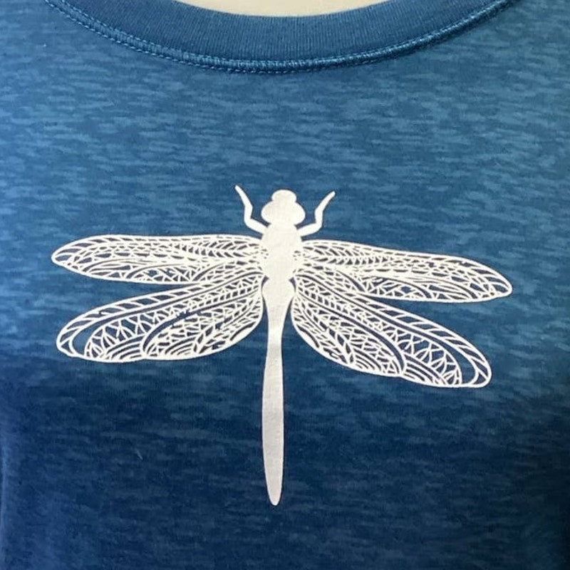 Hand Printed Upcycled Small Dragonfly PolyCotton Long Sleeve Athletic Hoodie