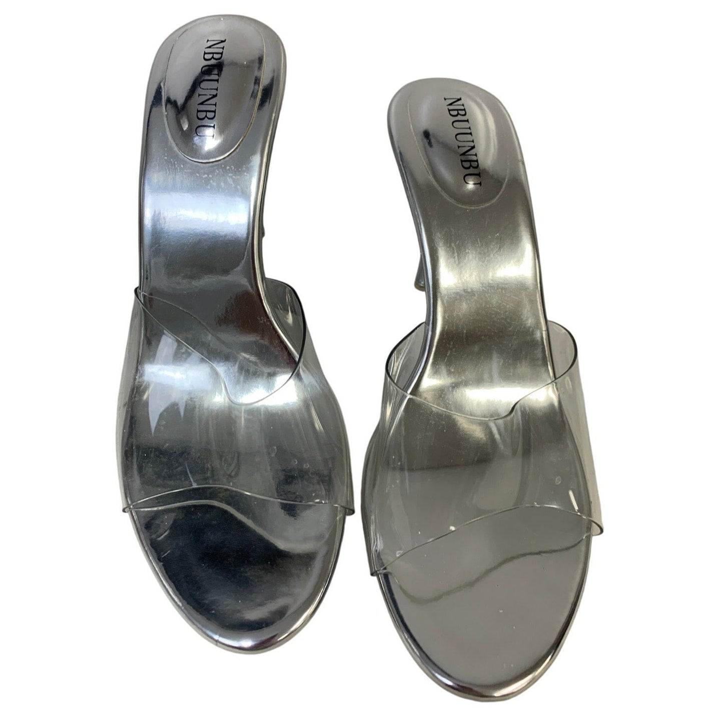 Nbuunbu Womens Size 10 Silver Clear Strap Open Toe 10" Heel Slide On Shoes