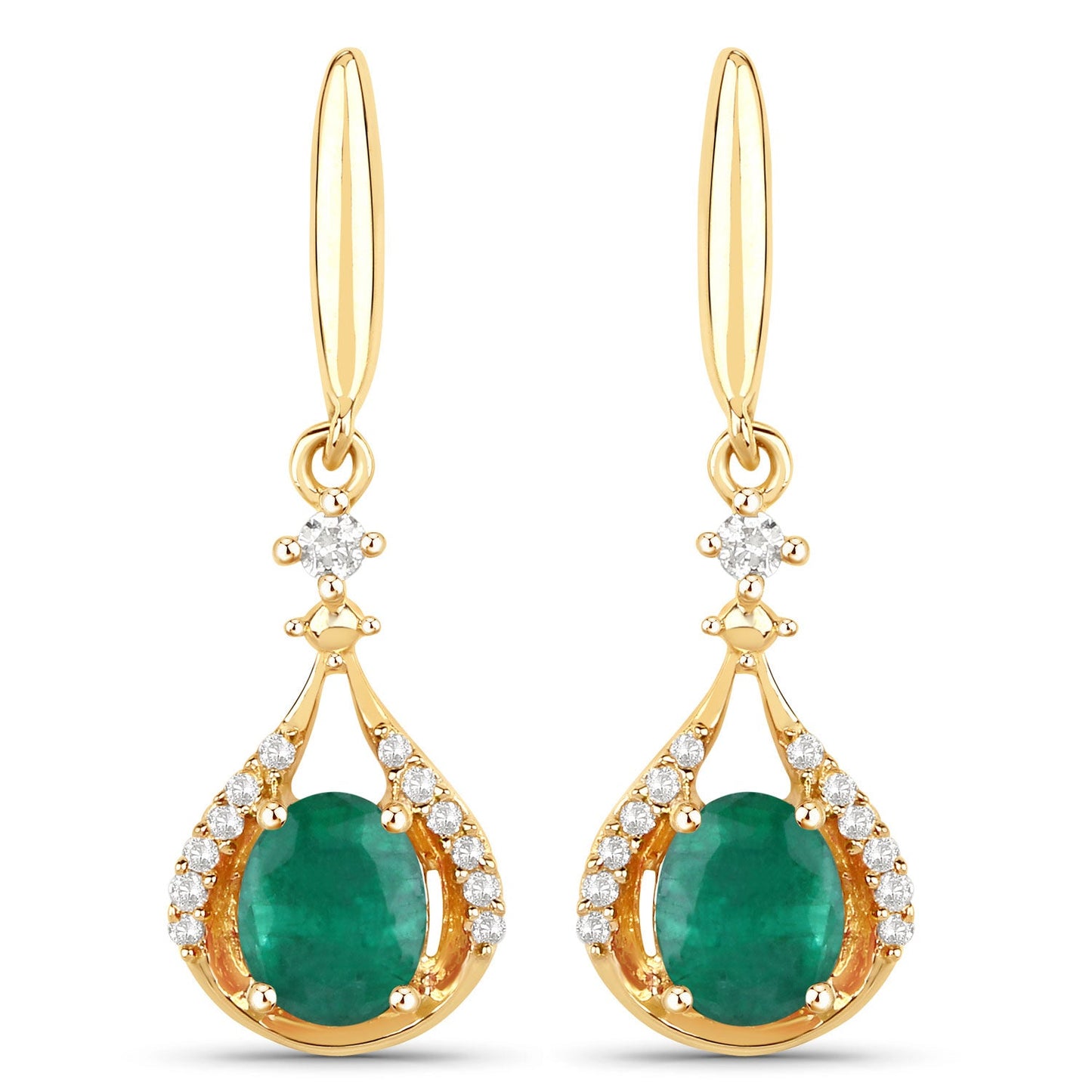 0.70 ct Genuine Zambian Emerald and White Diamond 14K Yellow Gold Earrings