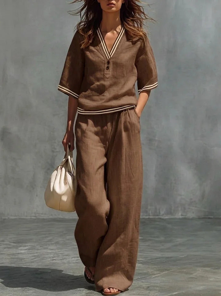 V-Neck Short-Sleeve Shirt & Pants Set – Cotton-Linen Two-Piece