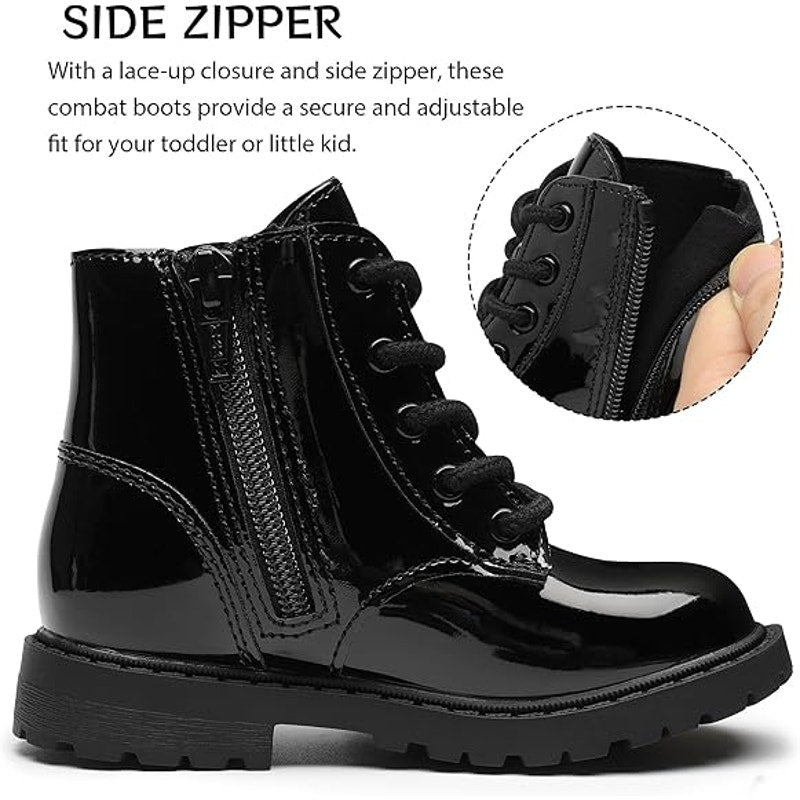 Girls Size 10 Black Patent Leather Lace Up Size Zip Ankle Combat Dressy Boots