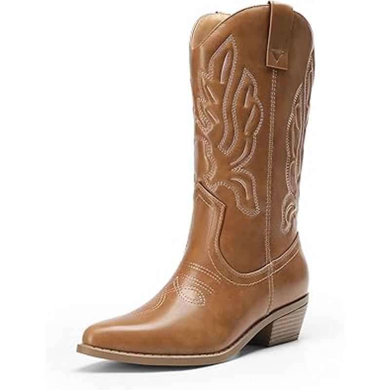 Dream Pairs Womens 10 Brown Faux Leather 2" Heel Western Pull On Cowboy Boots