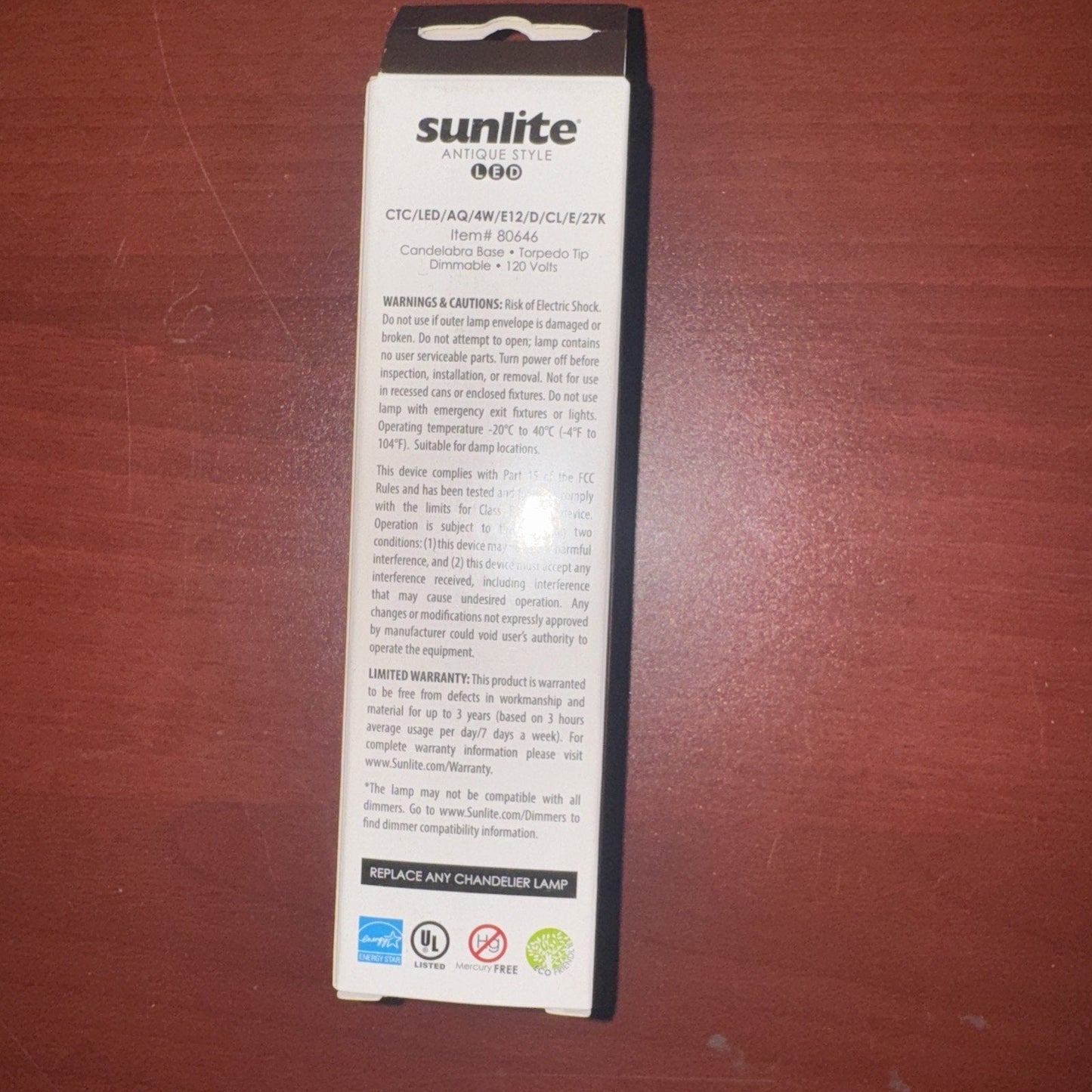 Sunlite LED Filament Chandelier Bulb 4W=40W Torpedo Clear Dim 2700K-#80646