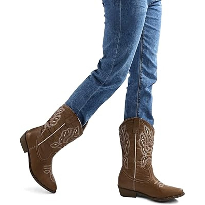 Mysoft Womens Size 9.5 Brown Embroidered 1.5" Chunky Heel Cowboy Western Boots