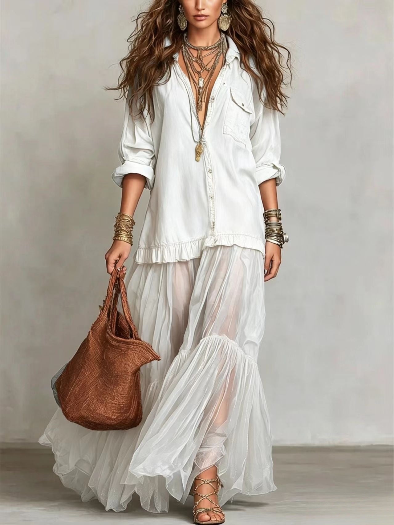 Women's Retro Lapel Collar Faux Denim Maxi Dress Casual Pocketed Dress