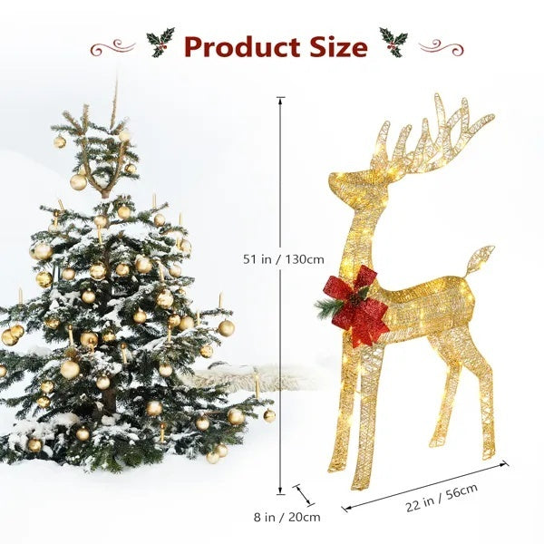 Lighted Christmas Reindeer Outdoor Decorations, Weather Proof 4ft Santa's Sleigh Reindeer Christmas Ornament Indoor Home Decor Pre-lit 90 LED Lights With Stakes, Zip Ties Secured