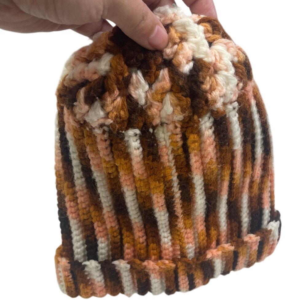 Hand Crocheted Variegated Brown Orange White Acrylic Yarn Kids Winter Hat Cap