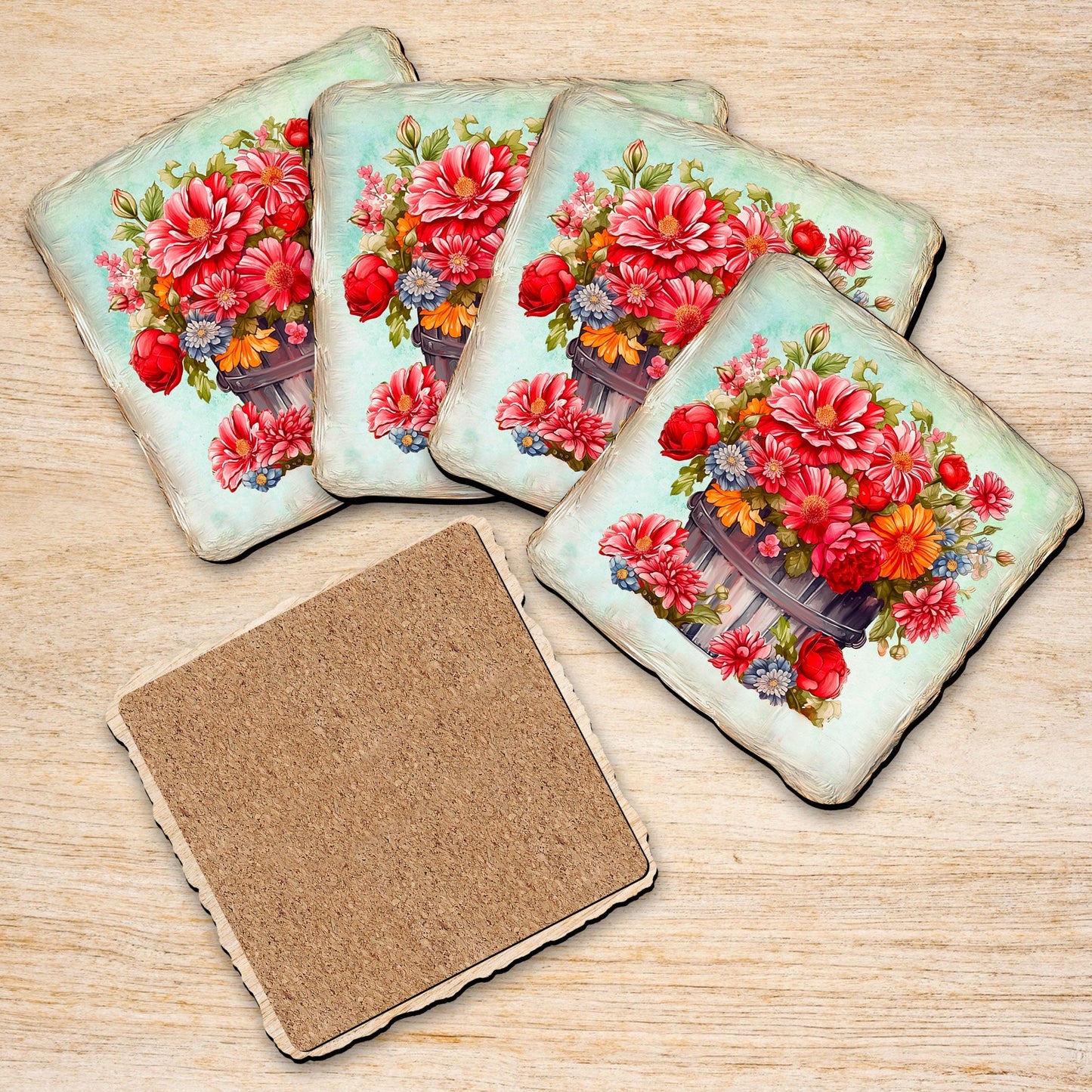 Flowers in the Basket Wooden Cork Coasters Gift Set of 4 by Nature Wonders - Nature Wildlife Decor - 95405C-S4-2
