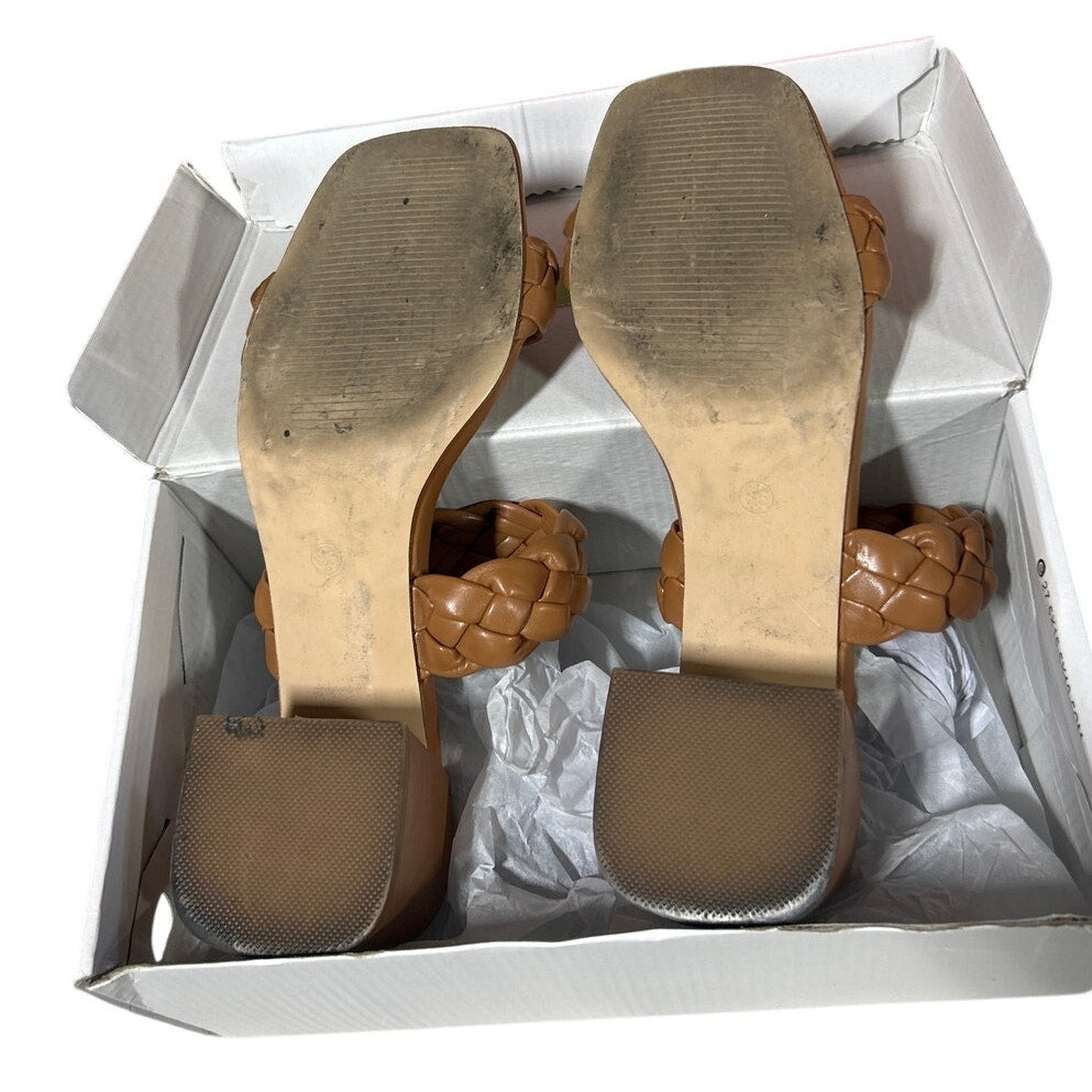 Athlefit Womens 8.5 Chstnut Brown Braided 2.5" Block Heel Sandals Open Toe Shoes