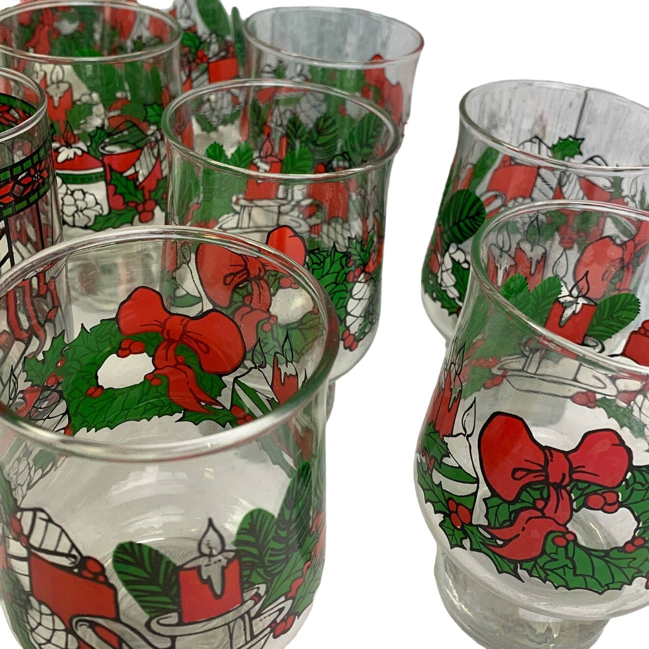 Lot of 11 Vintage Footed Christmas Wreath Candle Seasons Greetings Drink Glasses