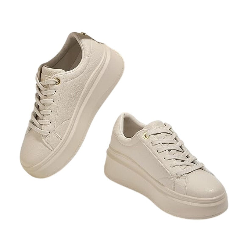 Lucky Step Womens Size 8.5 Beige Faux Leather 2" Platform Lace Up Sneaker Shoes