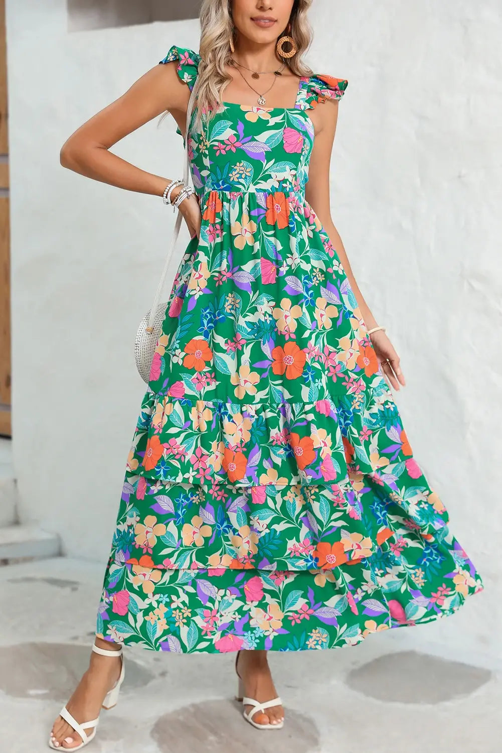 Floral Ruffle Green Tiered Maxi Dress