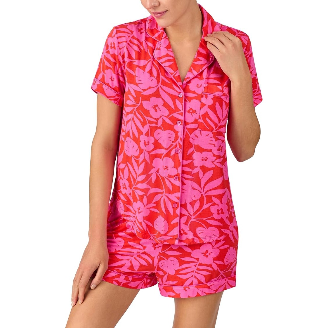 Kate Spade New York Womens Medium Floral Short Sleeve Button Up Top Short Pj Set