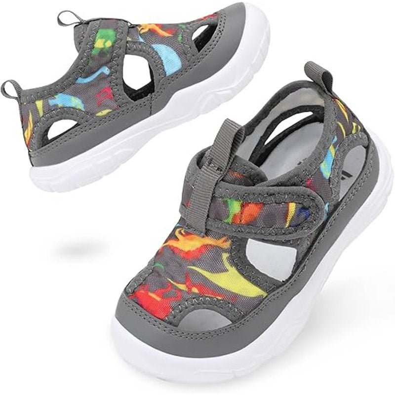 Barerun Little Boys Size 11 Gray Dinosaur Hook Loop Non Slip Water Swim Shoes