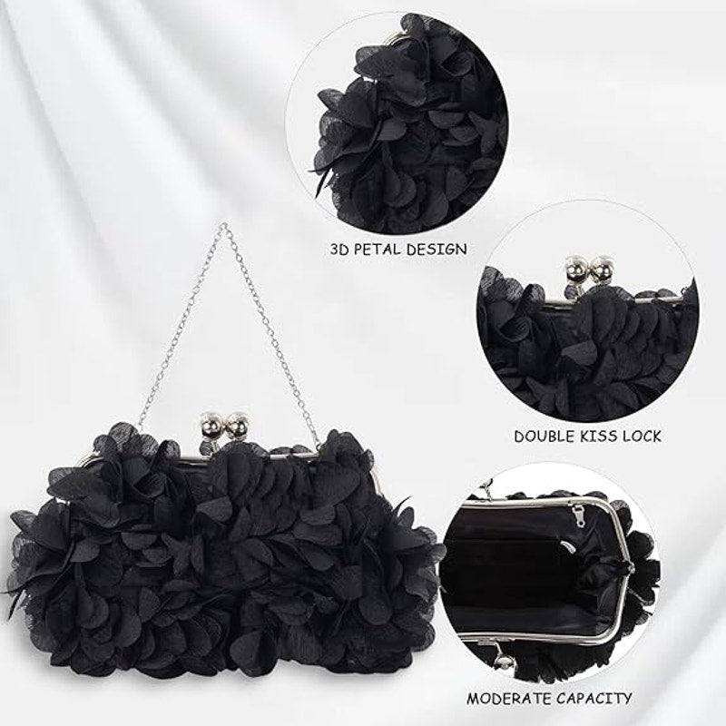 New Jambhala Black Flower Petal Clutch Bag with Detachable Shoulder Chains