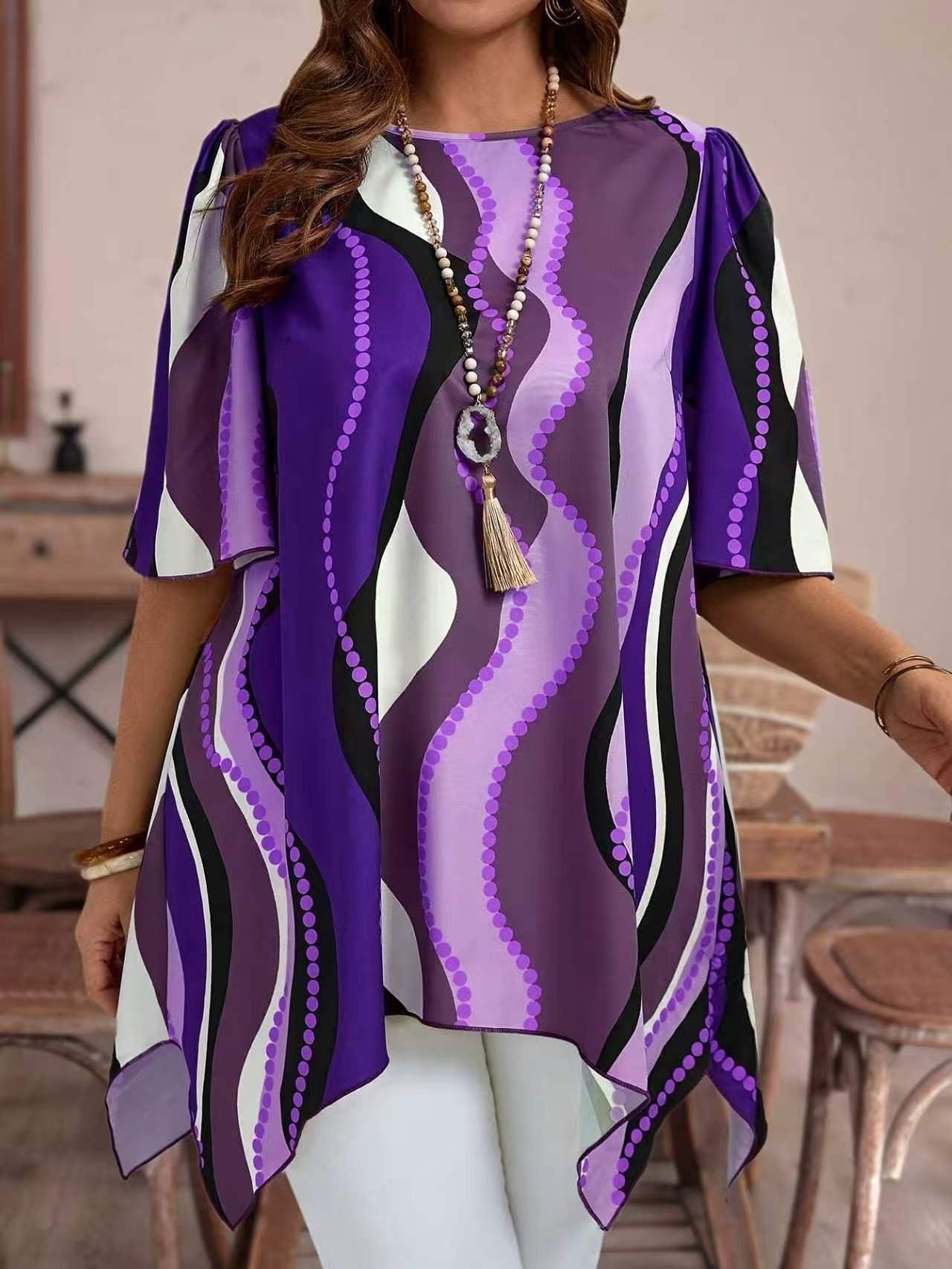 2026 Spring & Summer Amazon Cross-border European & American Women's Random Print Asymmetric Hem Crew Neck T-shirt