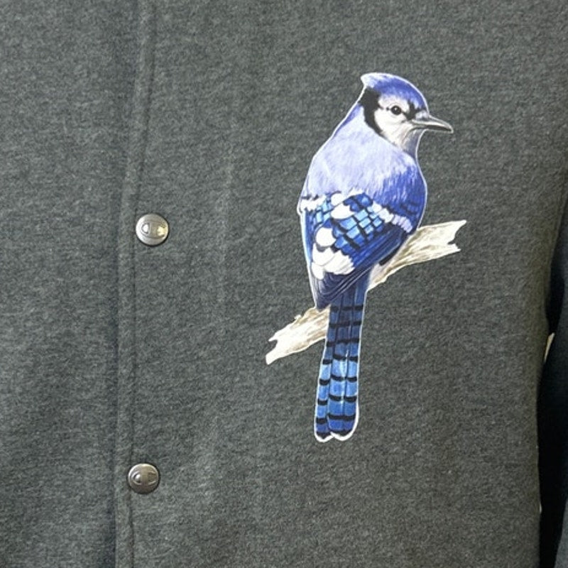 New Champion Mens Small Dark Gray Snap Up Hand Printed Blue Jay Bomber Jacket