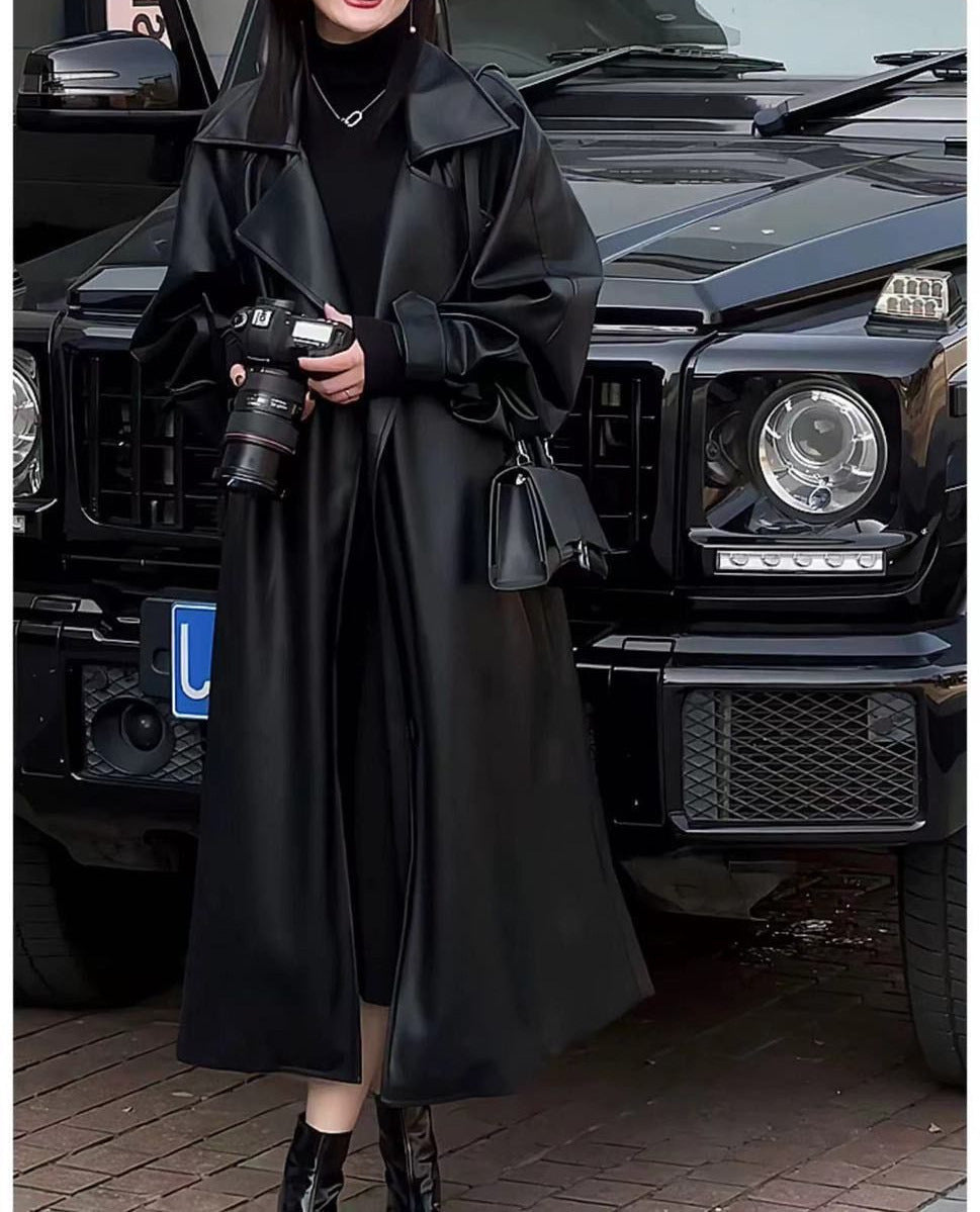 Women's Fashion Temperament Long Below The Knee PU Leather Coat