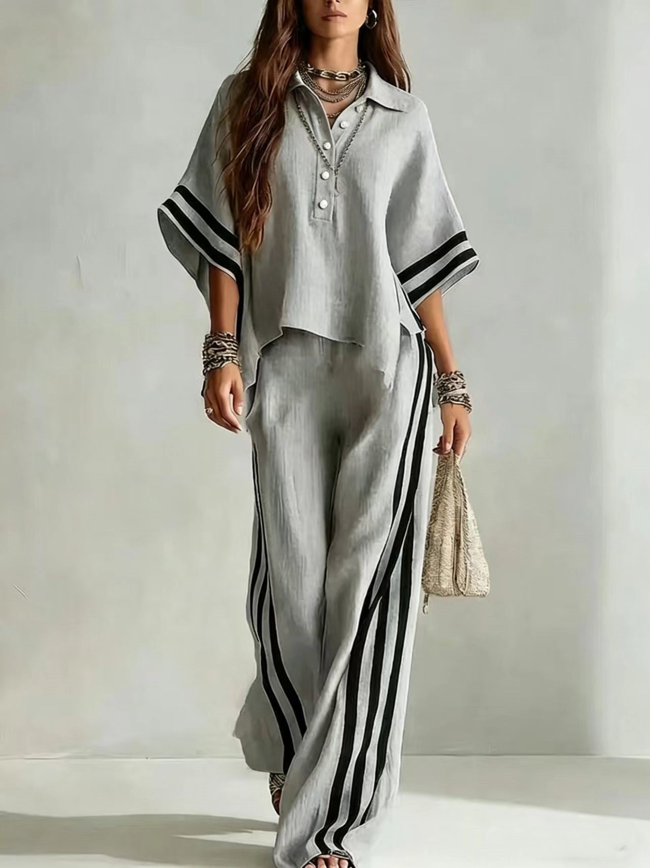 Womens Clothing Short-Sleeve Shirt And Loose Pants Two-Piece Set