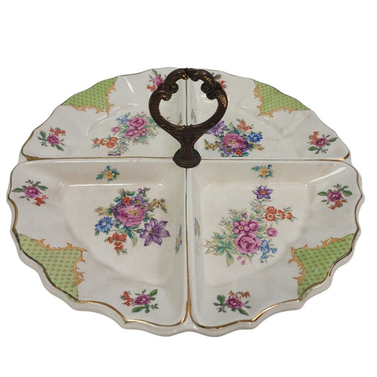Vintage Made In Japan Floral Fine China Hand Painted Divided Plate Dish w Handle