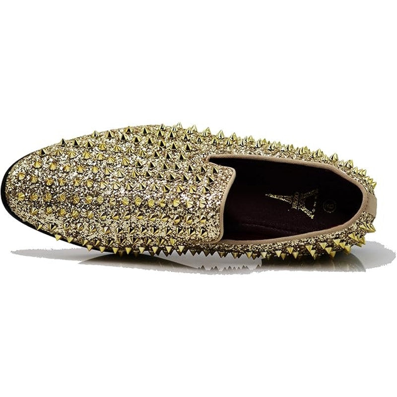 SPK70 Mens Size 12 Shiny Gold Spike Glitter Slip On Tuxedo Loafer Dress Shoes