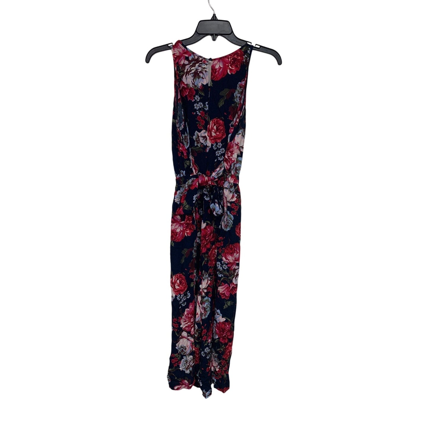 Loft Womens Small Navy Red Sleeveless Back Zip Tie Waist Floral Romper Jumpsuit