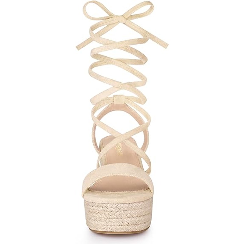 Allegra K Women Size 7 Tan 3" Heel Esoadrille LaceUp Wedge Platform Sandal Shoes