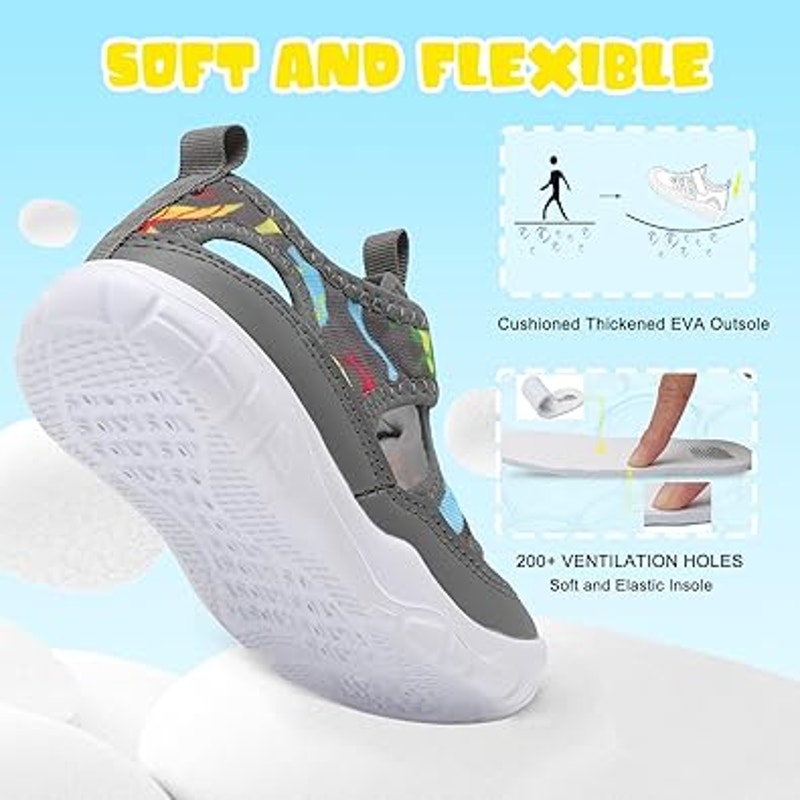 Barerun Little Boys Size 11 Gray Dinosaur Hook Loop Non Slip Water Swim Shoes