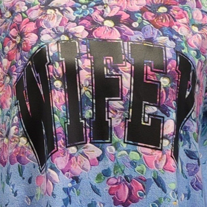 Hand Printed Upcycled Womens XL Wifey Floral Pattern Polyester Tee Shirt