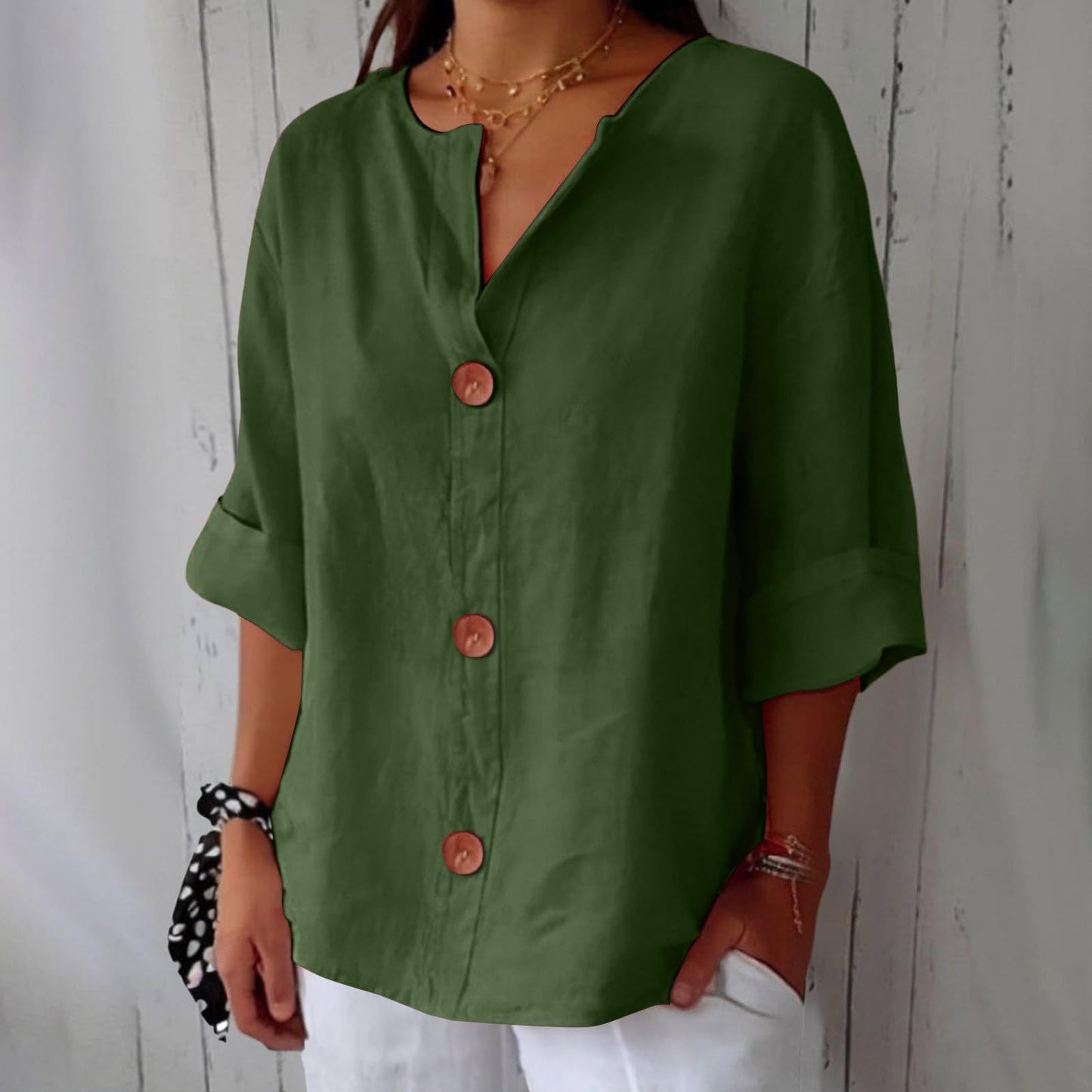 Women’s V-Neck Cotton Linen Buttoned Blouse