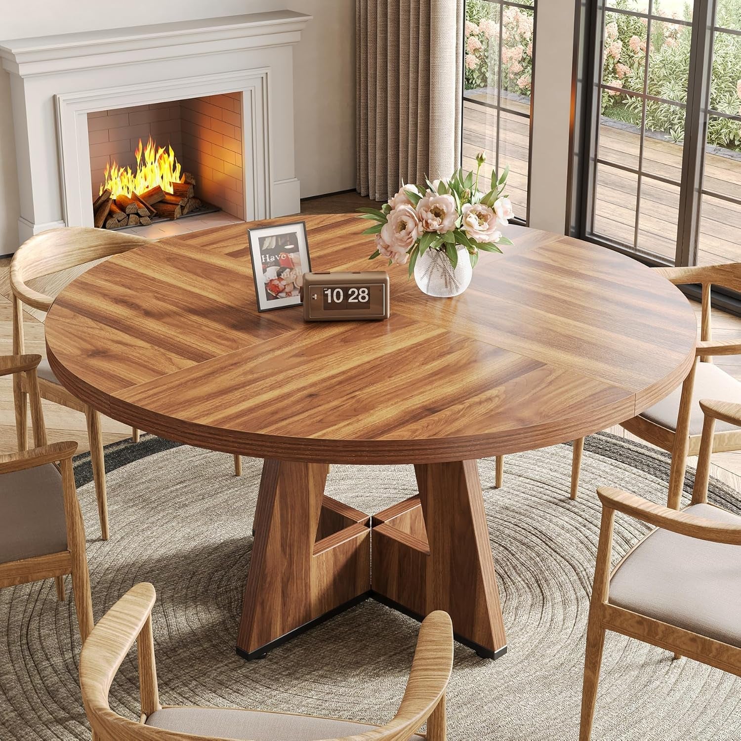Round Dining Table 47 Inch Brown Finish Seats 4 To 6-1