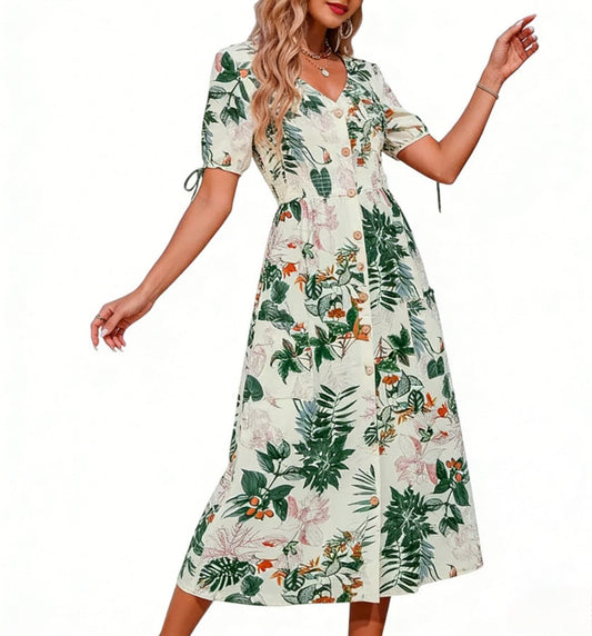 Women's Summer Short Sleeve Solid V-Neck A-Line Dress – Commuter Office Midi