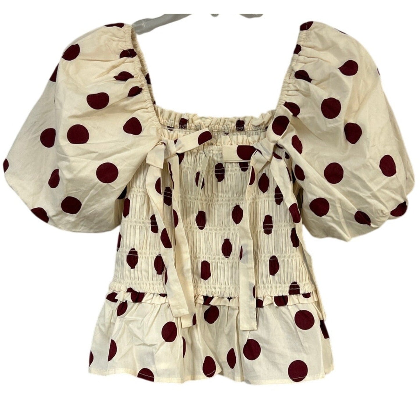 New Francescas Womens Small Cream Burgundy Polka Dot Stretch Cotton Smocked Top